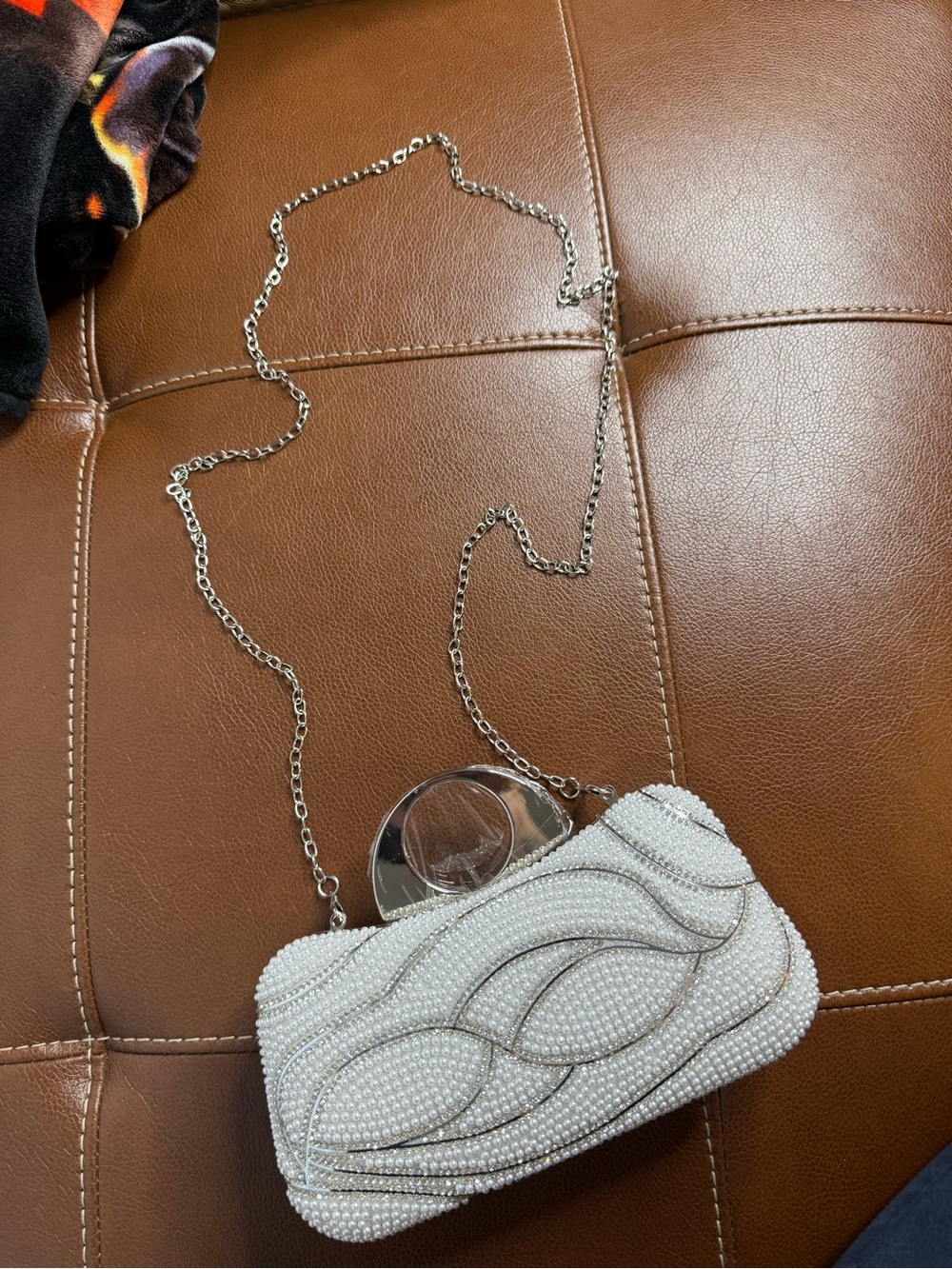 SHEIN White Pearl Beaded Evening Clutch with Silver Chain
